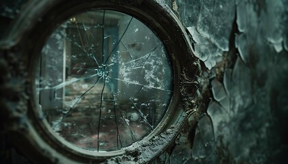 Obraz premium A creepy old mirror with a cracked frame reflecting a dark shadowy room behind it The mirror's surface is dusty and fogged adding to the eerie haunted atmosphere