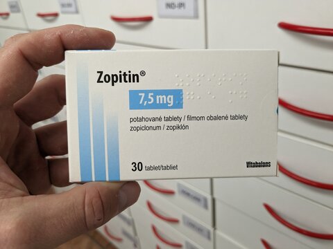 Prague, Czech Republic - July 9 2024: ZOPITIN box of medication with ZOPICLONE active substance by KRKA, used for treatment of insomnia and sleep disorders.

