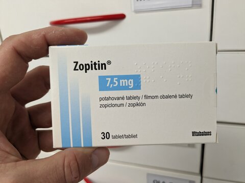 Prague, Czech Republic - July 9 2024: ZOPITIN box of medication with ZOPICLONE active substance by KRKA, used for treatment of insomnia and sleep disorders.

