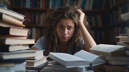 Tired student girl sits with pile of books, feeling overwhelmed by her workload. Education difficulties. Exhausted and sad young woman preparing for exam.