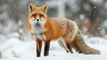 Fototapeta premium A red fox standing out in a picturesque winter landscape, its striking fur adding beauty to the snow-covered terrain.