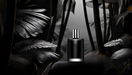 A glass bottle of perfume on a black background | Advertising photo | Mockup