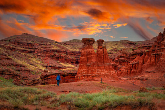 Red fairy chimneys shaped like formations that are millions of years old, Erzurum, Land of Red Fairies
