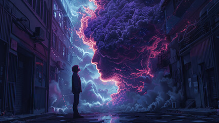 Fototapeta premium Brain potential. Ideas and innovation. Free your mind. Synapses and artificial intelligence. Cloud and globalization. Human anatomy and brain. Ai generative
