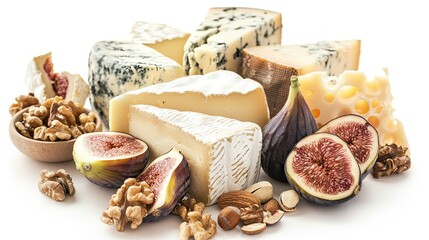 Cheese platter featuring French organic cheeses, figs, and nuts, beautifully arranged and isolated on a white backdrop. Ideal for high-quality visuals.