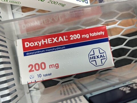 Prague, Czech Republic - July 9 2024: DOXYHEXAL box of medication with DOXYCYCLINE active substance by HEXAL, used for treatment of bacterial infections and acne.