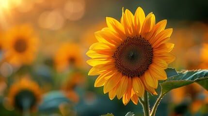 Fototapeta premium A close-up of a vibrant sunflower in a field, bathed in golden sunlight, Ideal for nature, summer, or agricultural-themed visuals in marketing materials, blog posts, or greeting cards,