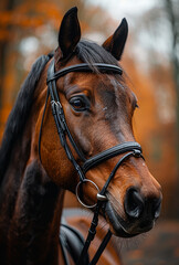 Obraz premium A brown horse with a black bridle and a white nose. The horse is looking straight ahead