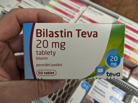 Prague, Czech Republic - July 13 2024: BILASTIN TEVA tablets with BILASTINE active substance by TEVA, used for allergy relief.