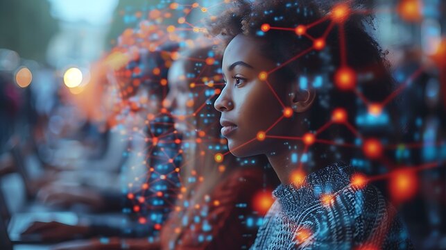 A focused woman is seen in a thoughtful pose with a vibrant digital network overlay, symbolizing connectivity and innovation, ideal for tech, AI, or future-oriented projects,