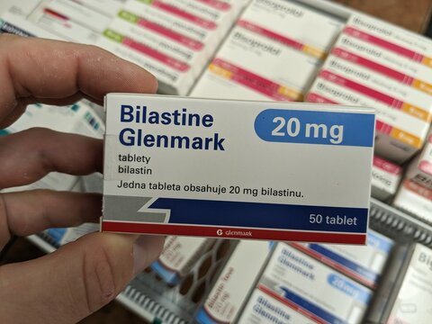 Prague, Czech Republic - July 9 2024: BILASTIN GLENMARK box of medication with BILASTINE active substance by GLENMARK, used for treatment of allergies and hay fever.