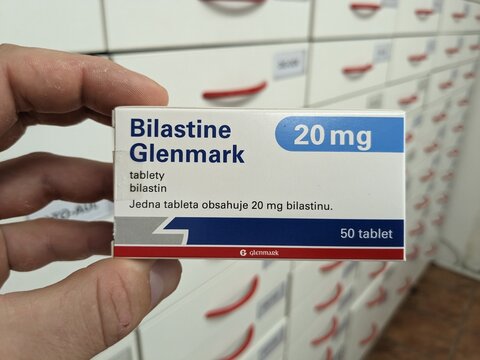 Prague, Czech Republic - July 9 2024: BILASTIN GLENMARK box of medication with BILASTINE active substance by GLENMARK, used for treatment of allergies and hay fever.