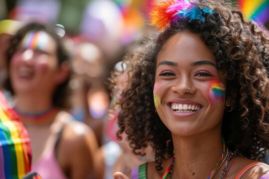 Smiling woman with colorful face paint at LGBTQ+ pride event. Bright rainbow colors on face and festive outfit symbolize joy, acceptance, celebration identity. Captures happiness and inclusivity.
