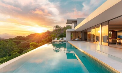 Fototapeta premium Luxurious Modern Villa with Infinity Pool at Sunrise: Elegant Contemporary Architecture Showcasing Exquisite Interior and Exterior Design. Stunning 4K Wallpaper of Resort-style Residence with Breathta