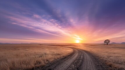 Beautiful sunrise over a rural dirt road meandering through a vast field with golden grass and a colorful, dramatic sky.