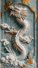 Obraz premium Volumetric stucco Japanese architecture, landscape, dragon on a plastered wall with golden elements