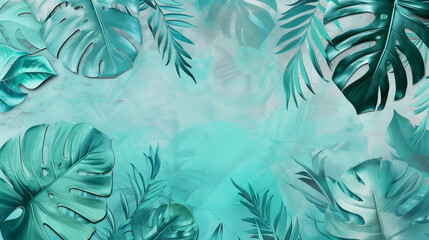 Green tropical leaves on teal background.