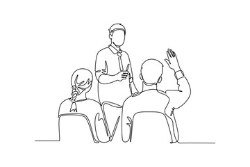 Lecturers teaching in class concept. Single line draw design vector graphic illustration.
