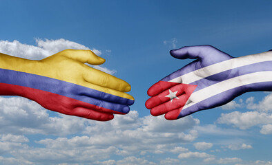 Cuba and Colombia country handshaking with flags, consensus concept international co-operation illustration