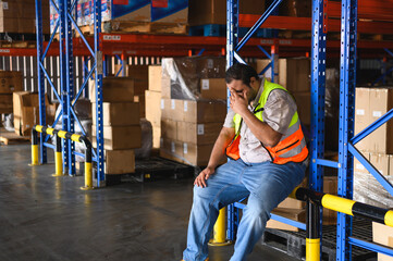 Tiredness from hard work concept. Warehouse worker sitting on the floor in warehouse after tiring...