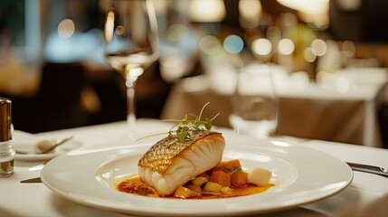 Luxurious restaurant setting with a gourmet fish dish, showcasing the cozy and refined atmosphere of upscale dining.