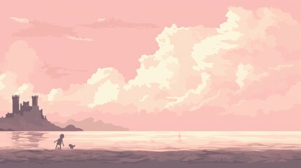 A beautiful pink sky with a castle in the background