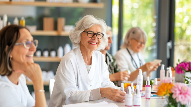Group of women with diverse ages engaging in a skincare workshop, showcasing products and sharing smiles in a well-lit studio