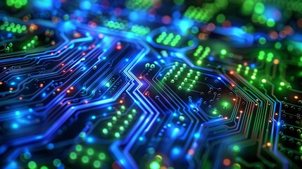 Obraz premium Digital circuit design in neon blue and green.