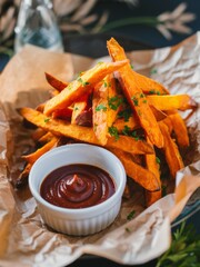 Crispy Sweet Potato Fries with Ketchup in a Rustic Setting.