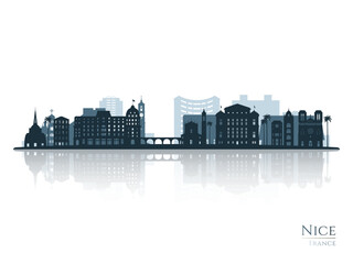 Nice skyline silhouette with reflection. Landscape Nice, France. Vector illustration.