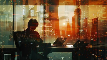 Silhouette of Businessperson Working at Desk with City Skyline View - A silhouette of a person working at a desk in a modern office with a large window overlooking a city skyline at sunset. This image