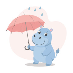 Cute baby hippo with an umbrella in the rain. Autumn children's illustration, print, card