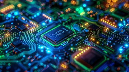 Obraz premium Digital circuit design in neon blue and green.