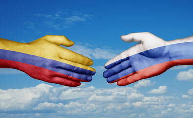 Russian Federation and Colombia country handshaking with flags, consensus concept international co-operation illustration