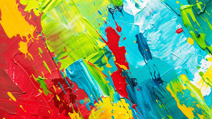 Dynamic abstract background with bold splashes of crimson, turquoise, and lime green paint, creating a lively and engaging visual effect