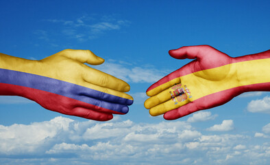 Spain and Colombia country handshaking with flags, consensus concept international co-operation illustration