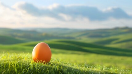 Chicken egg on a soft, rolling hill with a pastoral background