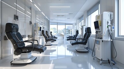 High-tech hospital infusion therapy room with modern chairs and equipment