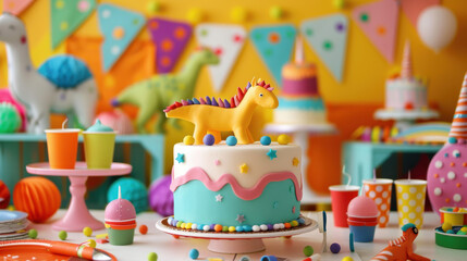 Colorful birthday cake decorated with a yellow dinosaur figurine, surrounded by festive party decorations and colorful treats on a vibrant table