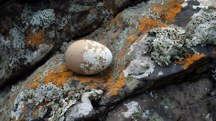 Chicken egg on a soft, lichen-covered rock