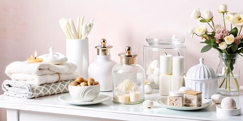 Serene Spa Setting. A bright and airy image featuring a collection of white spa accessories, towels, candles, and delicate flowers, creating a tranquil and luxurious atmosphere.