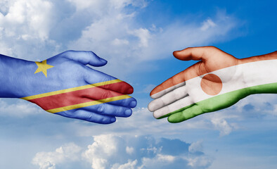 Niger and Congo-Kinshasa country handshaking with flags, consensus concept international co-operation illustration