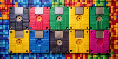 Multi colored 5 floppy disks arranged in a mosaic pattern , retro, technology, data storage, vintage, colorful, computer, 80s