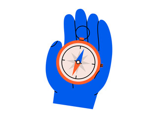 Hand drawn cute cartoon illustration hand with compass. Flat vector doodle direction choice. Business planning icon. Navigation guide. Strategy solution. Way decision. Searching opportunity. Isolated.