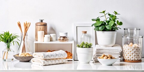 Serene Spa Setting. A bright and airy image featuring a collection of white spa accessories, towels, candles, and delicate flowers, creating a tranquil and luxurious atmosphere.