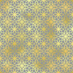 Arabic style seamless pattern. Vector shiny gold oriental ornament on grey background. Islamic traditional texture for backgrounds, wallpapers, textile patterns, decoration