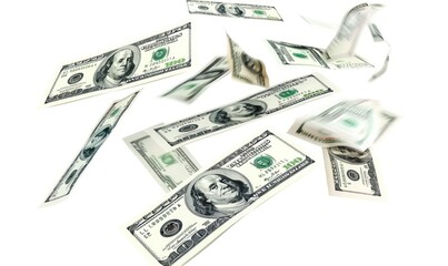 Dollar bills floating against a white background, highlighting financial freedom.