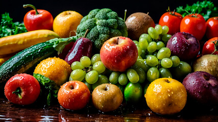 Variedad de Frutas y Verduras Frescas en un Fondo Oscuro