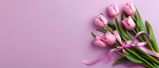 Obraz premium Pink Tulips, Bouquet of pink tulips with ribbon on a pink background, Floral Elegance