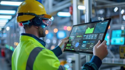 Smart Manufacturing, Worker using digital interface in a modern factory, Industry 4.0